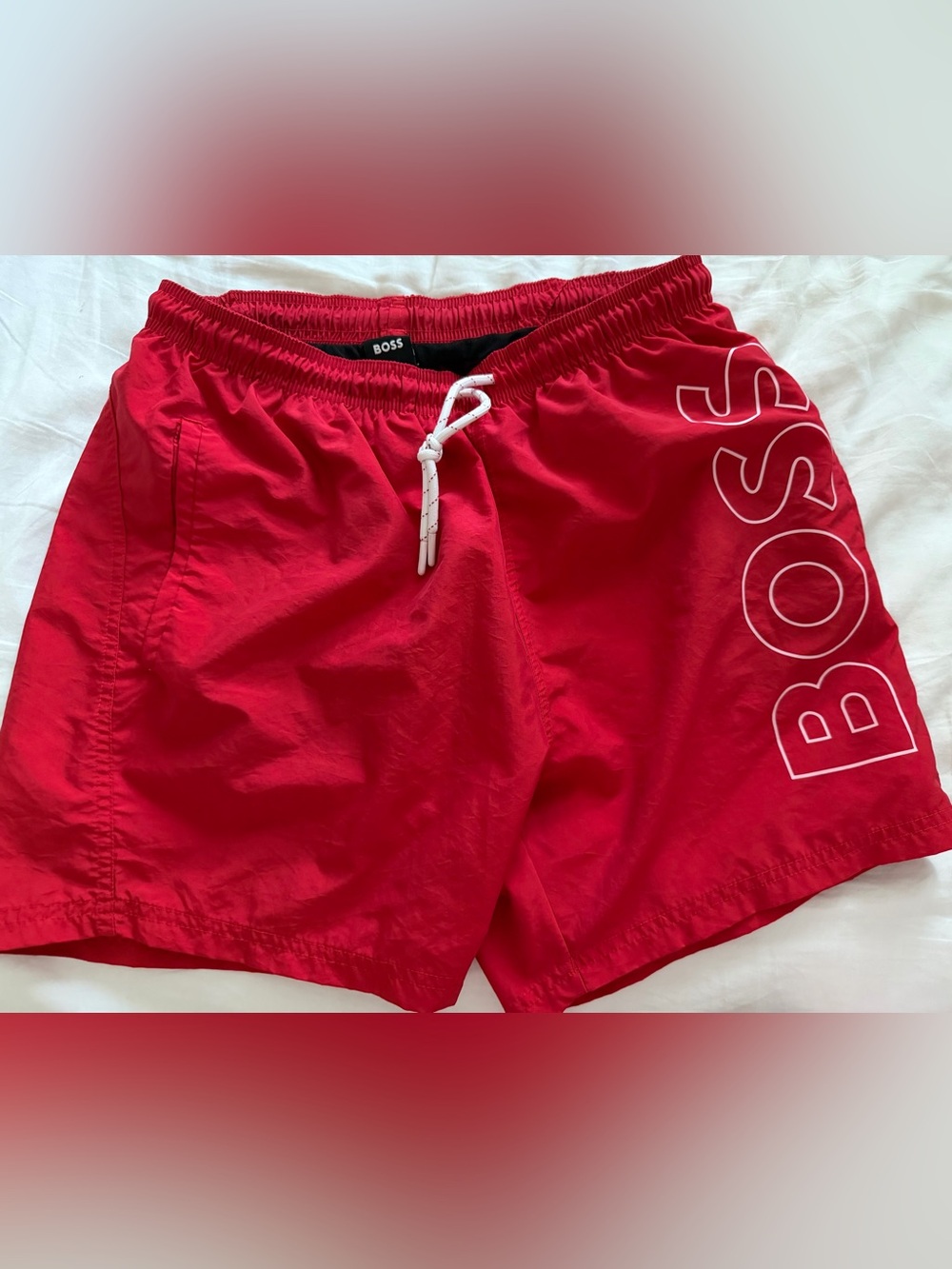 BOSS Red Swim Trunks with White Drawstring